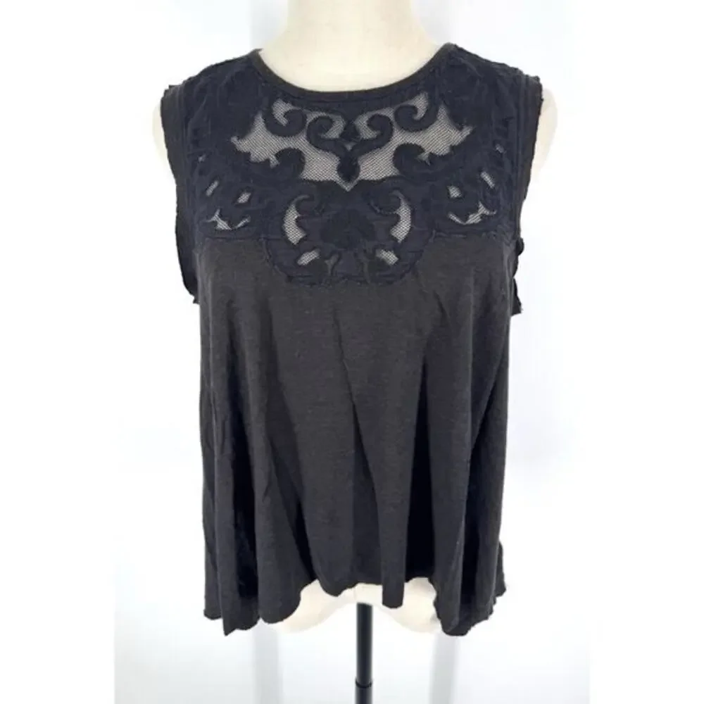 free people‎ tank top small Flowy Linen Cotton Lace Boho Shirt Crop Black Cute